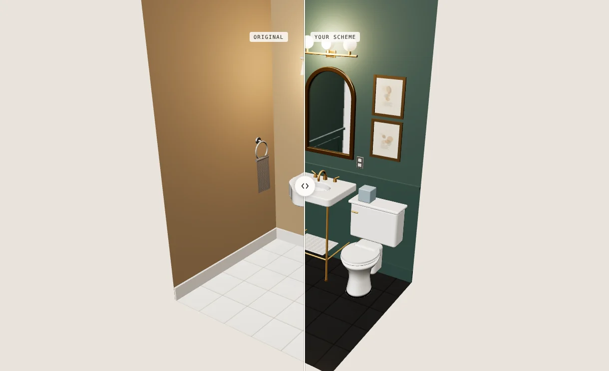 The room split between its original color and a new scheme
