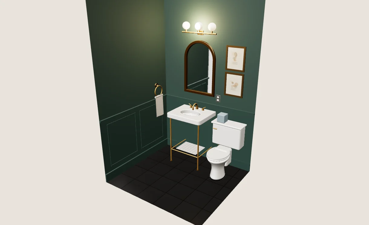 The powder room rendered in 3D: painted walls, a vanity with a mirror, and a toilet