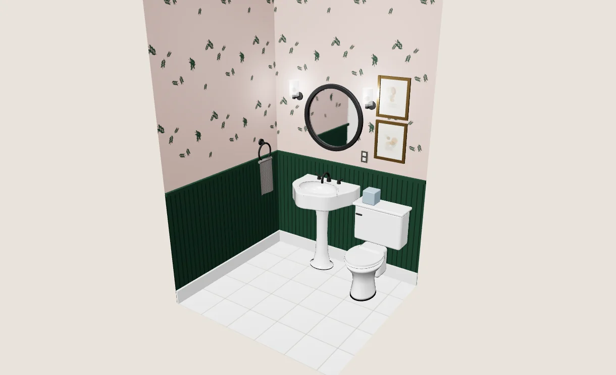 The room with patterned wallpaper above the wainscot
