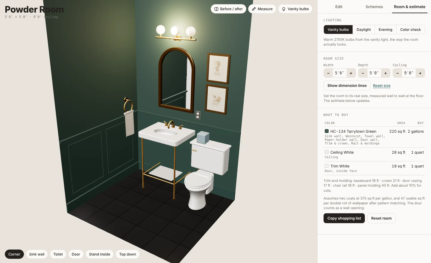 The Room tab with lighting, dimensions and the paint estimate