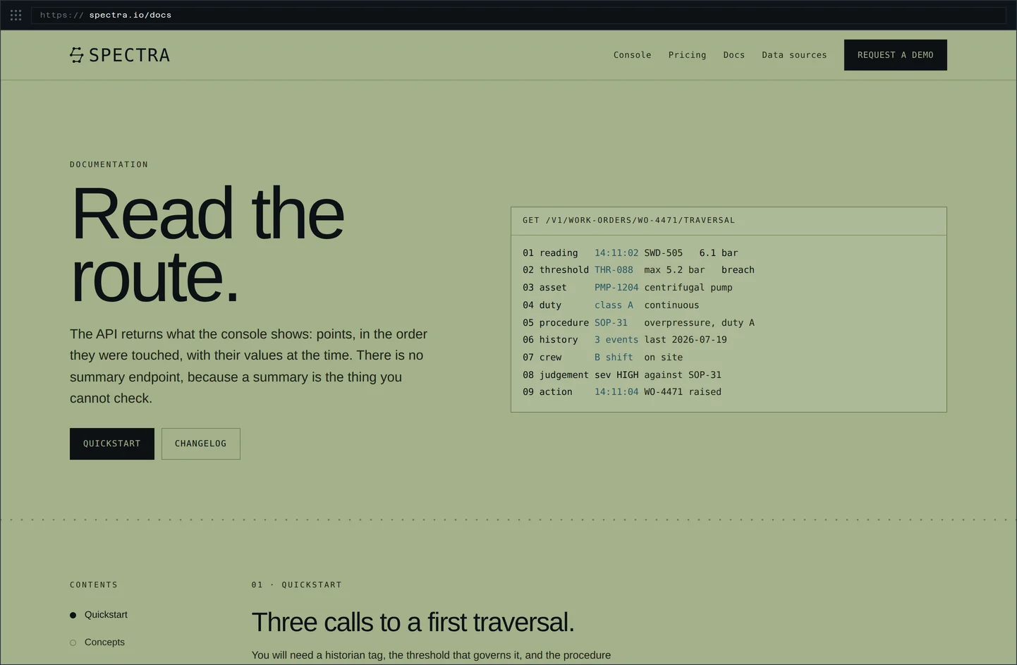 Documentation — spectra.io/docs · the API as a traversal record