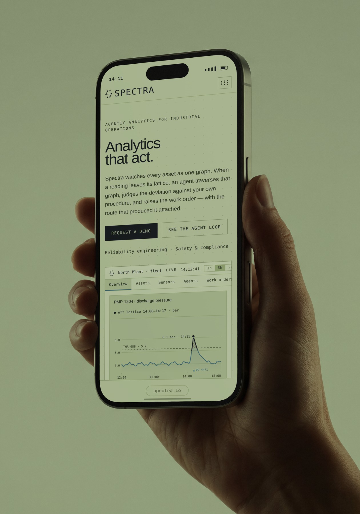 In hand — the marketing site at 393 points wide